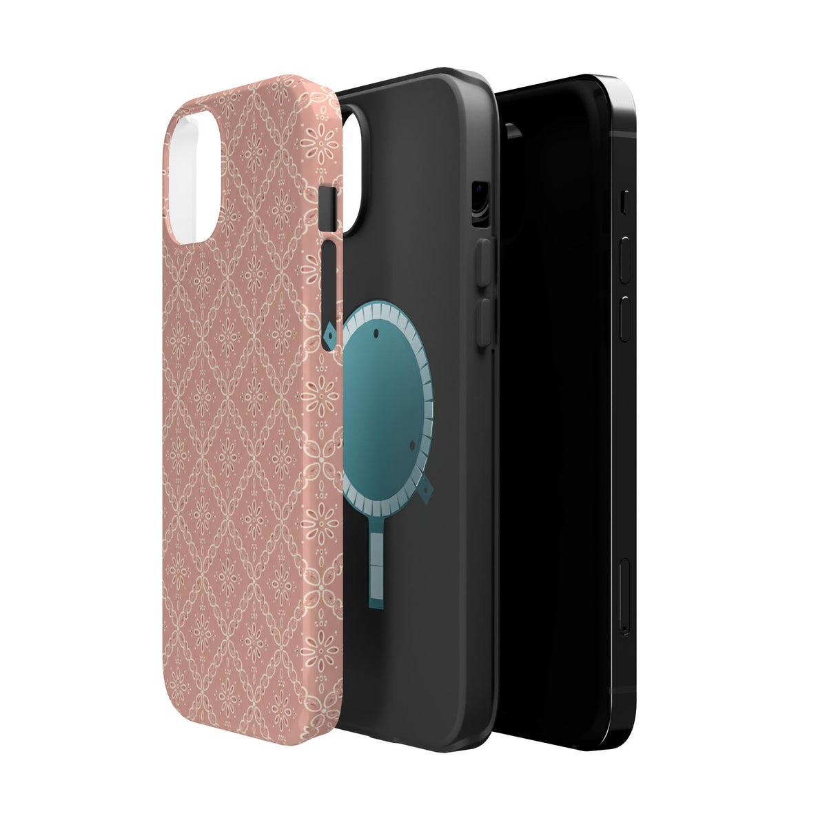Meadow Lace – Blush Pink Lace Pattern MagSafe Phone Case, glossy diagonal dual-camera model, exploded shell and liner with magnetic ring