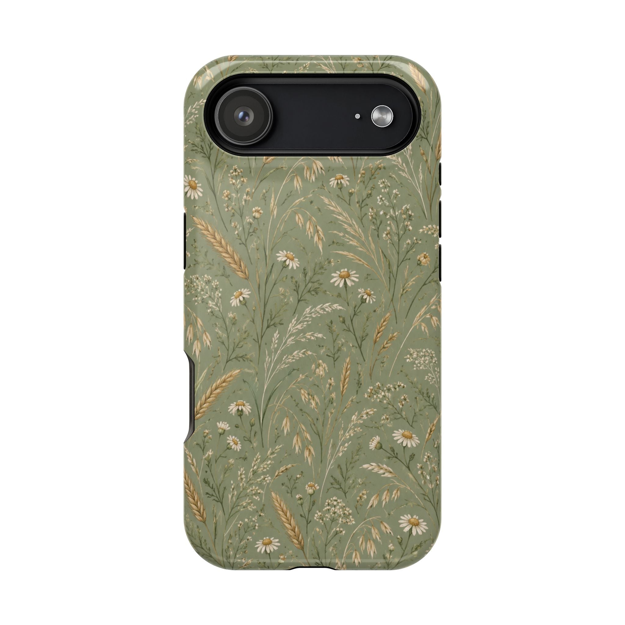Golden Meadow – Sage Green Wildflower MagSafe Phone Case, glossy iPhone 17 Air, rear view