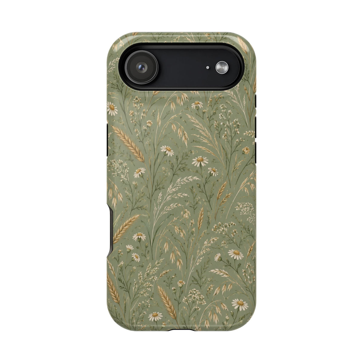 Golden Meadow – Sage Green Wildflower MagSafe Phone Case, glossy iPhone 17 Air, rear view