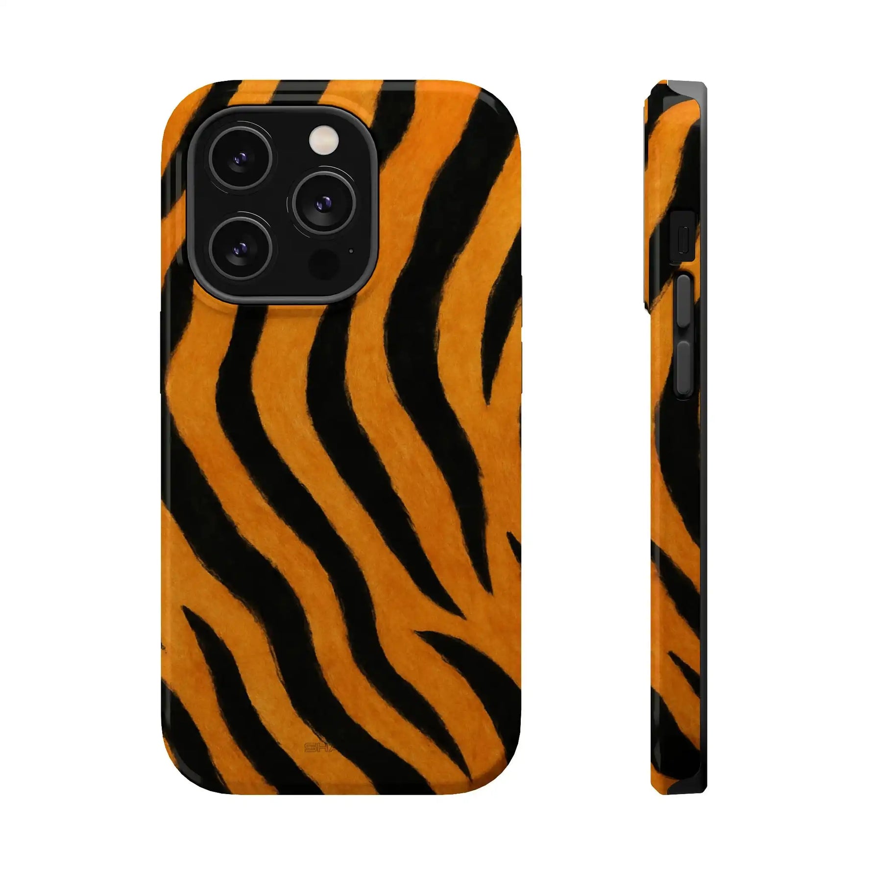 Tiger stripe pattern phone case shown front and side view, slim protective design