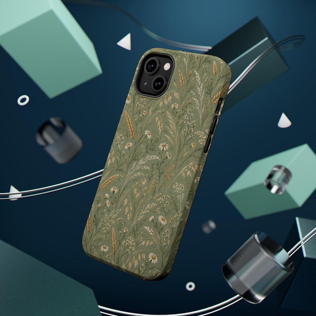 Golden Meadow – Sage Green Wildflower MagSafe Phone Case, glossy diagonal dual-camera model, rear view with magnetic accessories