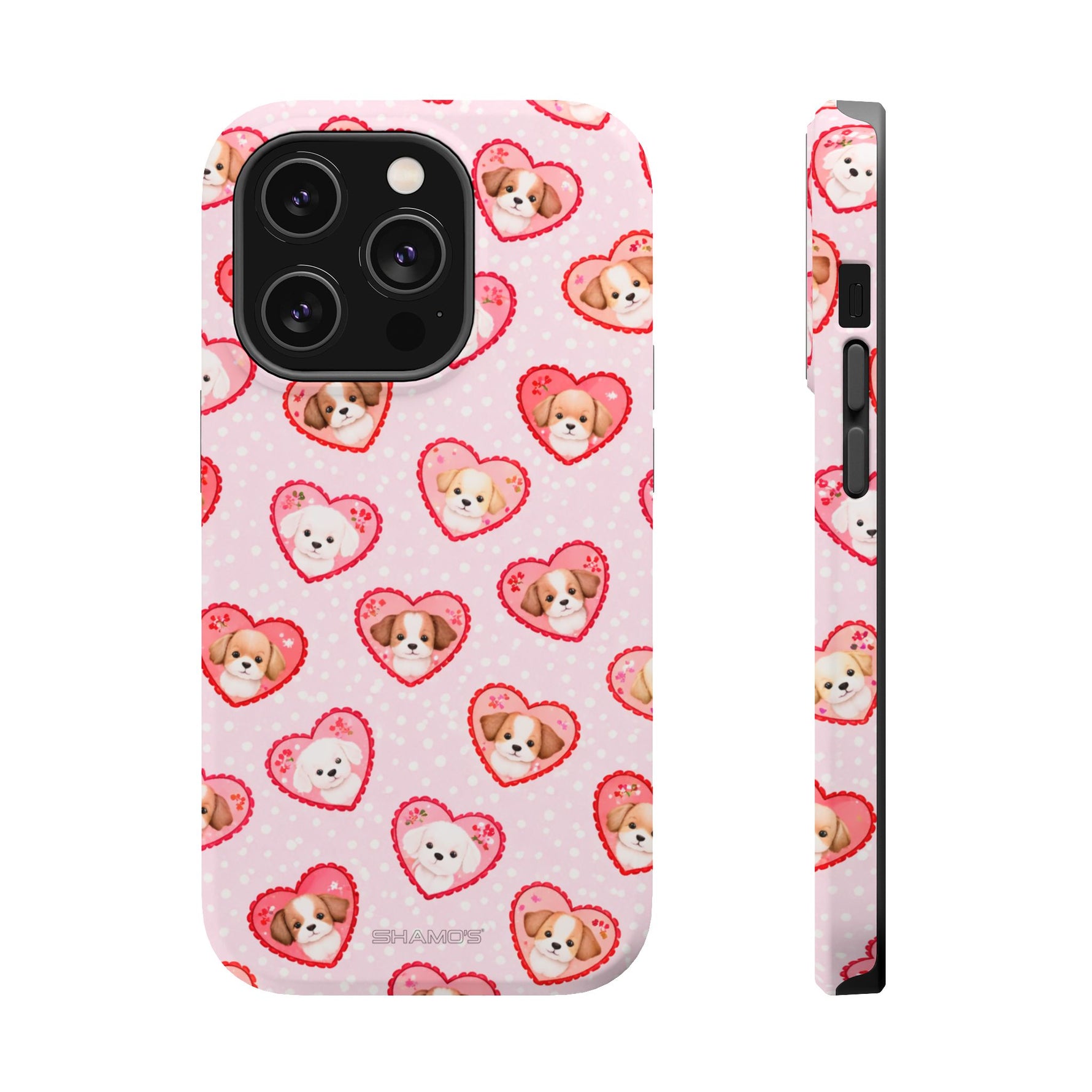 Pink Puppy Heart Pattern MagSafe Impact-Resistant iPhone Case, Valentine Phone Cover