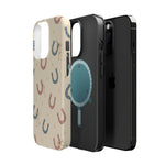 Prairie Horseshoes MagSafe Phone Case, glossy square triple-camera Pro model, exploded shell and liner with magnetic ring