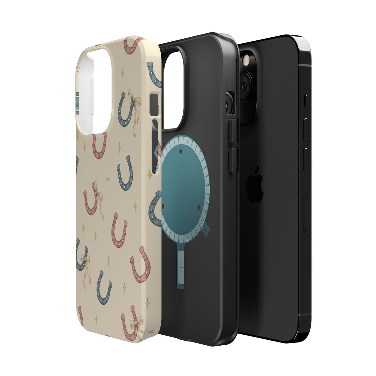 Prairie Horseshoes MagSafe Phone Case, glossy square triple-camera Pro model, exploded shell and liner with magnetic ring