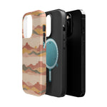Sunset Trails – Desert Landscape MagSafe Phone Case, glossy square triple-camera Pro model, exploded shell and liner with magnetic ring