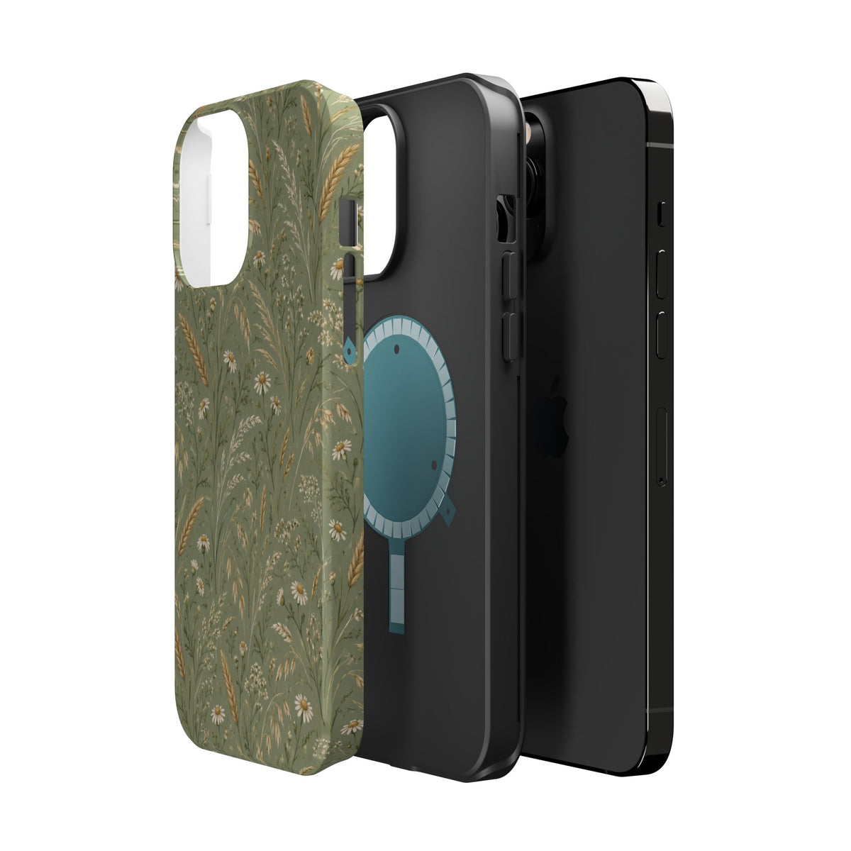 Golden Meadow – Sage Green Wildflower MagSafe Phone Case, glossy square triple-camera Pro model, exploded shell and liner with magnetic ring