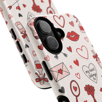 Romantic Love Doodle Tough iPhone Case ("LOVE", hearts, roses) (MagSafe compatible)