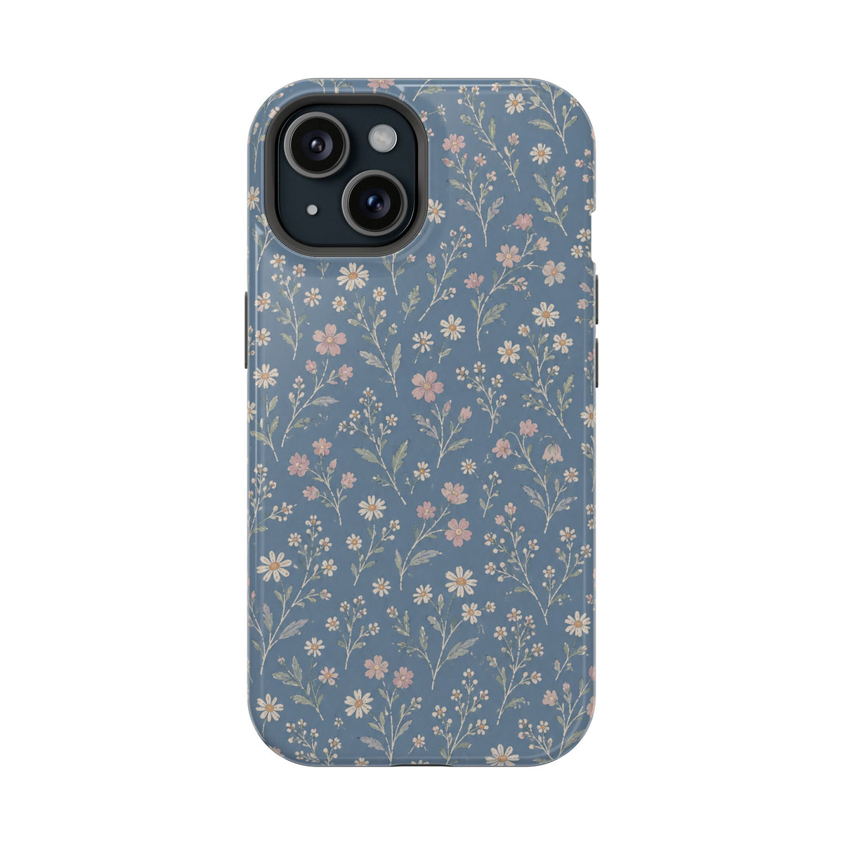 Denim Wildflowers MagSafe Phone Case, glossy iPhone 15, rear view