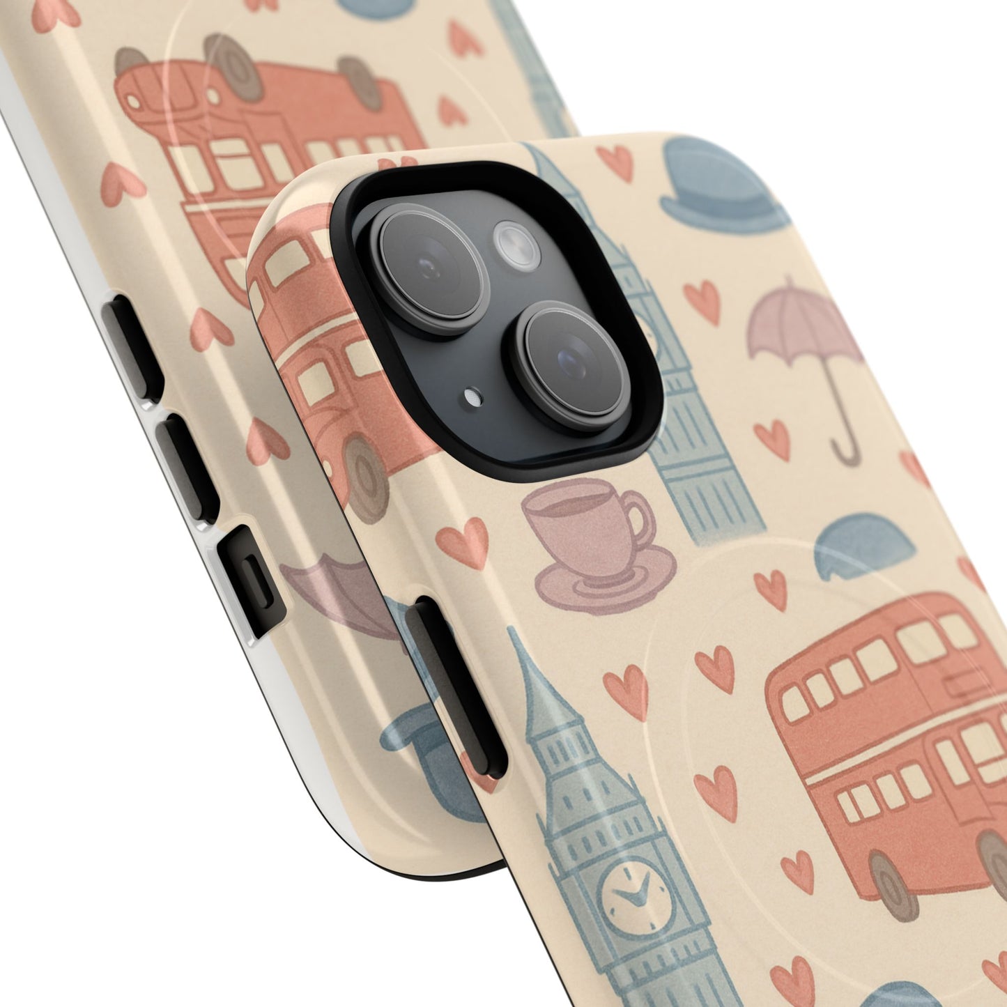 London Icons Hand-Drawn iPhone Case — Cute Double-Decker Bus & Big Ben Pattern with MagSafe compatibility