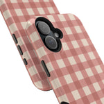 Prairie Gingham MagSafe Phone Case, glossy vertical dual-camera model, camera and side-button close-up