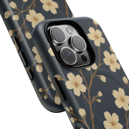 Navy Cherry Blossom Floral iPhone Case - Compatible with MagSafe
