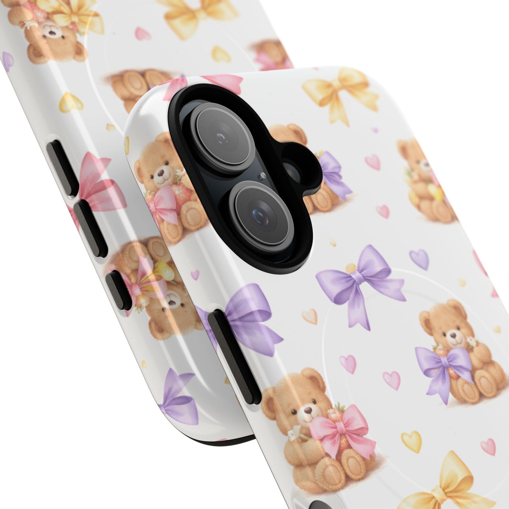 Cute teddy bear phone case in small and large sizes with pastel bows and hearts pattern
