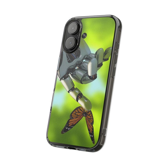 Clear Cases for iPhone 14 Series with Robotic hand and Butterfly.