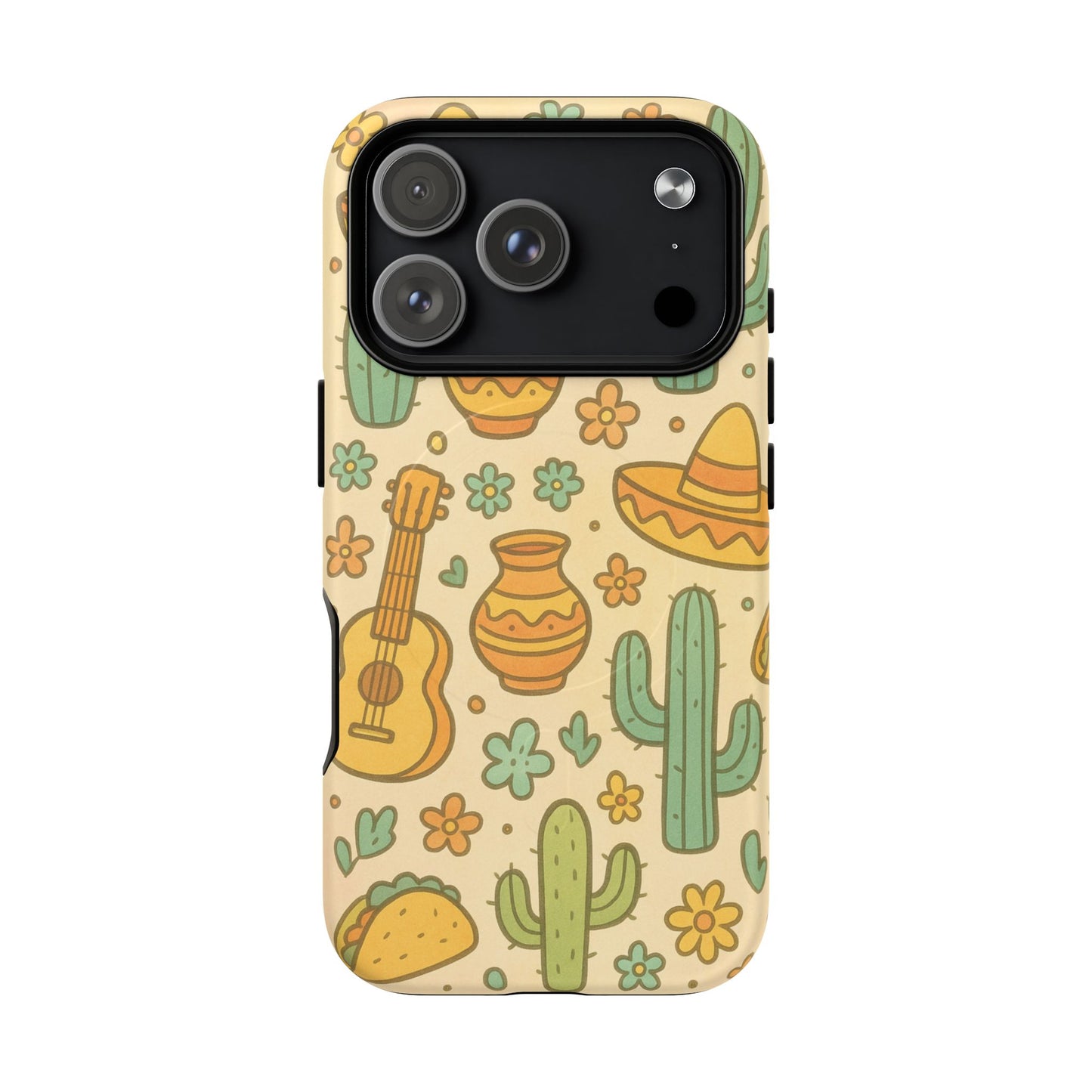 Mexico Hand-Drawn Cactus Pattern iPhone Case – Cute Desert Guitar & Sombrero Design | with MagSafe