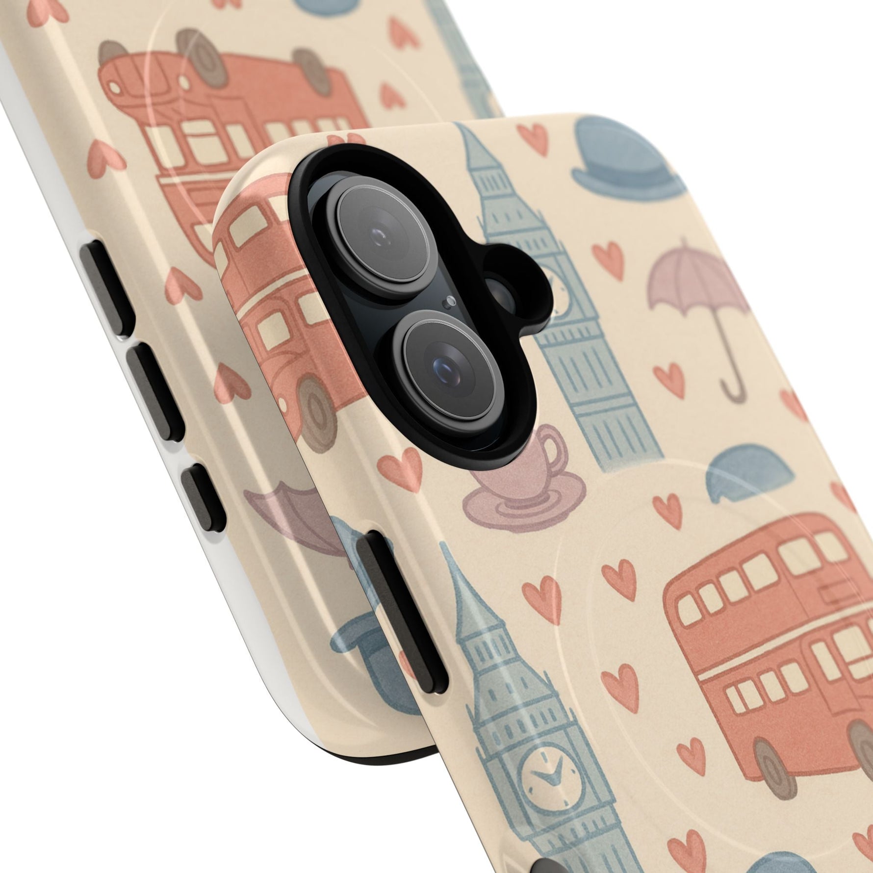 London Icons Hand-Drawn iPhone Case — Cute Double-Decker Bus & Big Ben Pattern with MagSafe compatibility  Shamo's