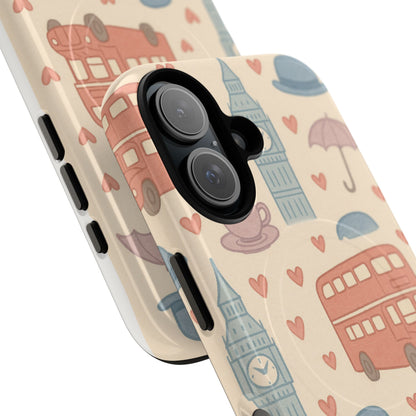 London Icons Hand-Drawn iPhone Case — Cute Double-Decker Bus & Big Ben Pattern with MagSafe compatibility
