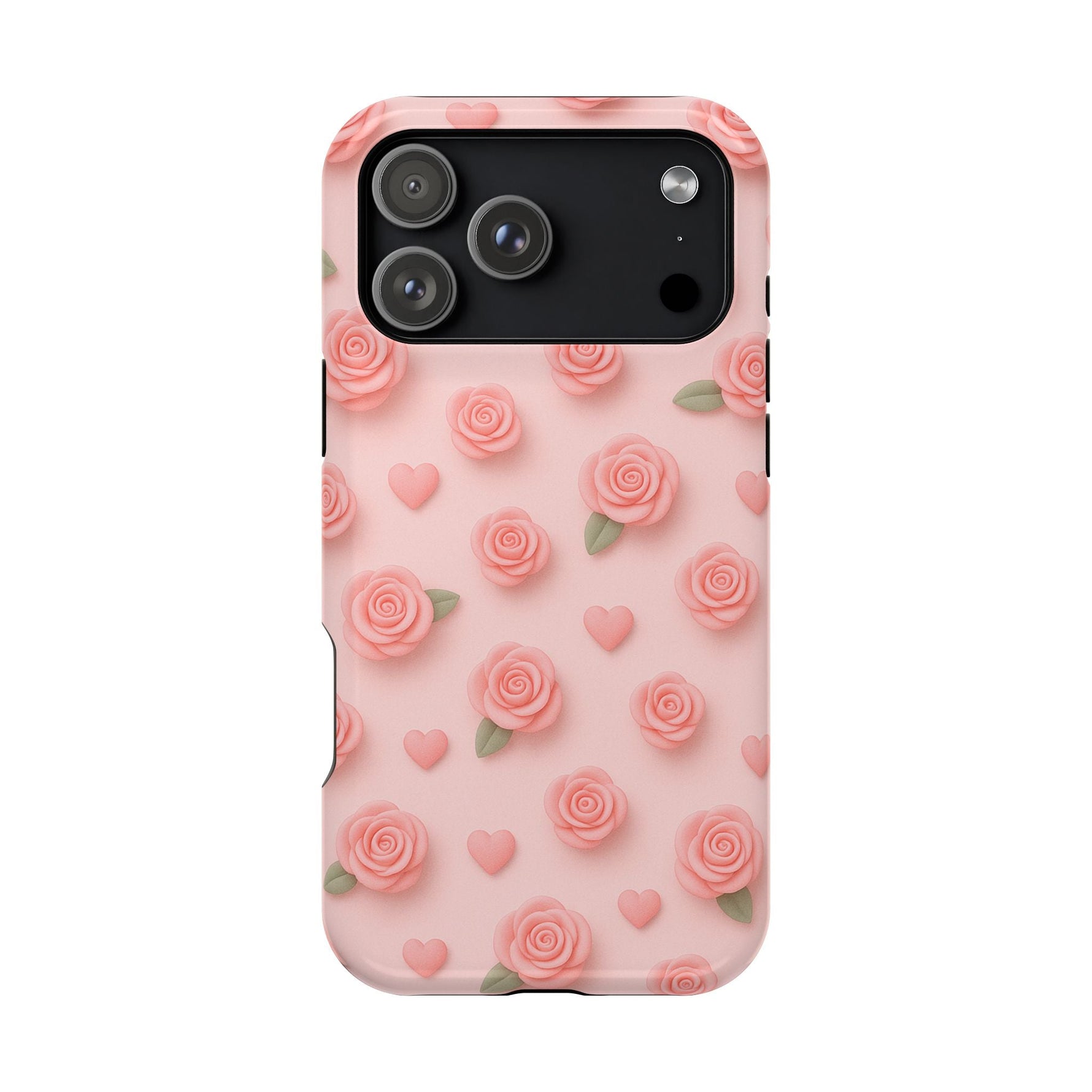 Pink Rose Pattern Impact iPhone Case — Floral Hearts Protective Cover (MagSafe compatible)  Shamo's