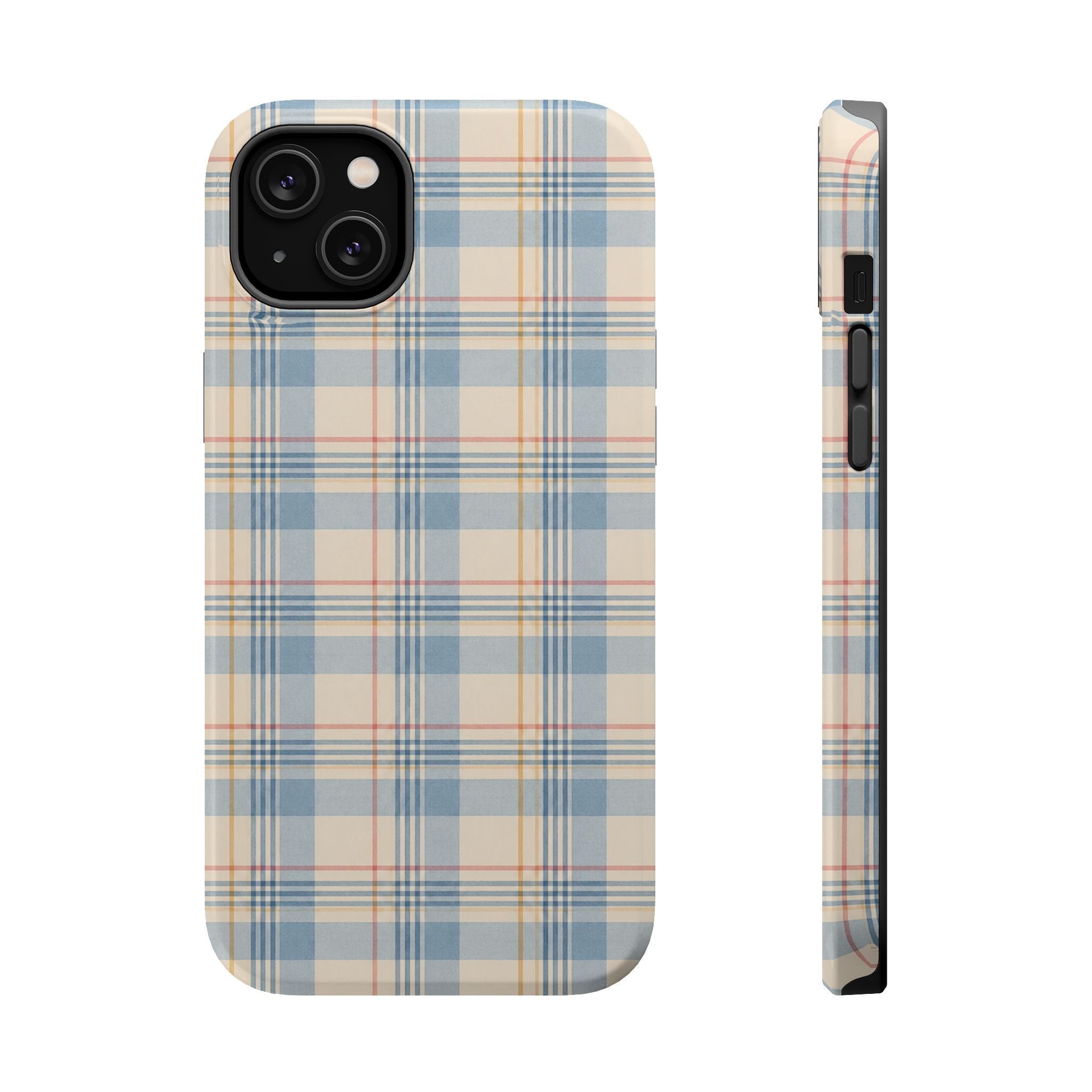 Ranch Check – Blue and Cream Plaid MagSafe Phone Case, glossy iPhone 14 Plus, rear and side profile