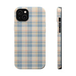 Ranch Check – Blue and Cream Plaid MagSafe Phone Case, glossy iPhone 14 Plus, rear and side profile