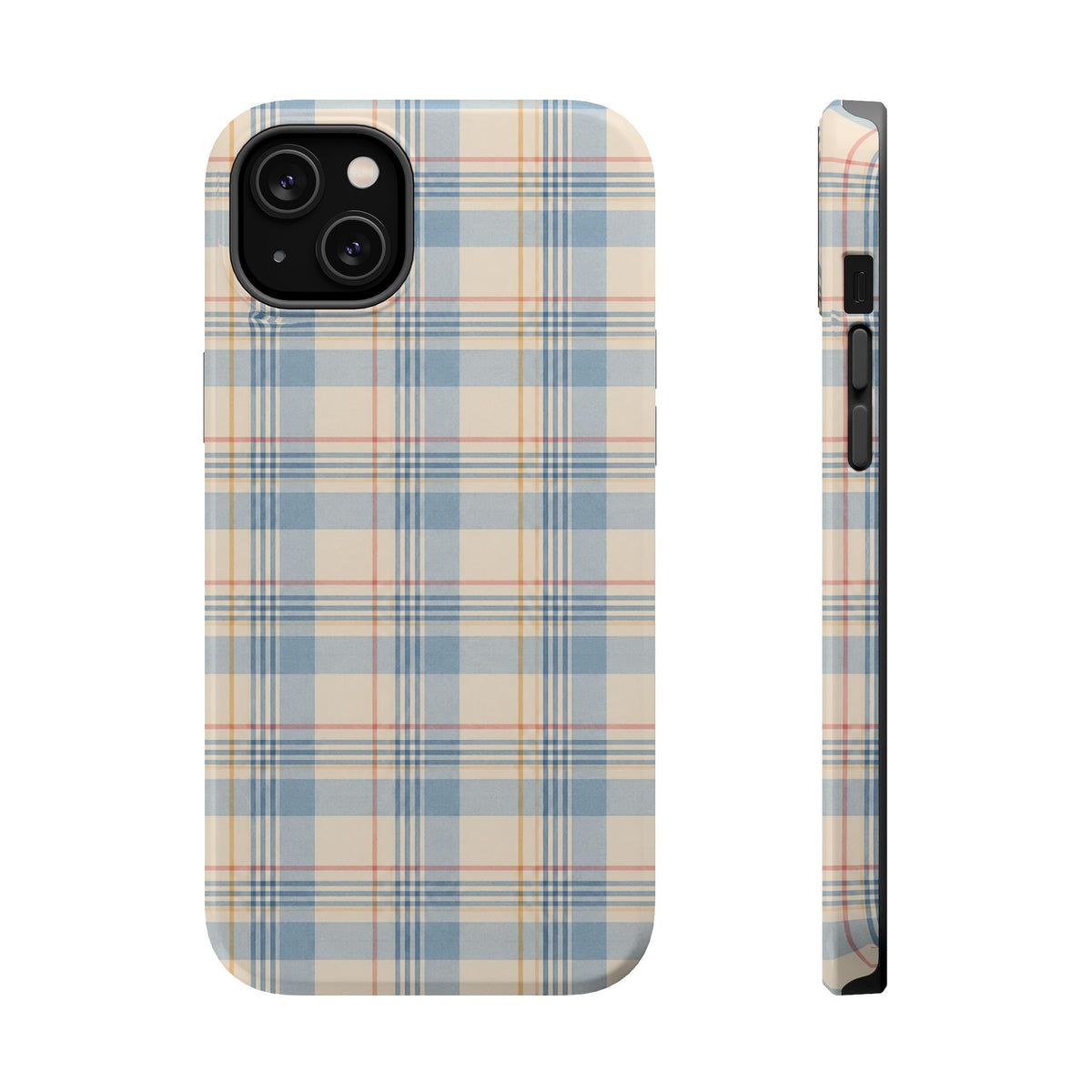 Ranch Check – Blue and Cream Plaid MagSafe Phone Case, glossy iPhone 14 Plus, rear and side profile