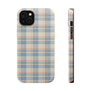 Ranch Check – Blue and Cream Plaid MagSafe Phone Case, glossy iPhone 14 Plus, rear and side profile