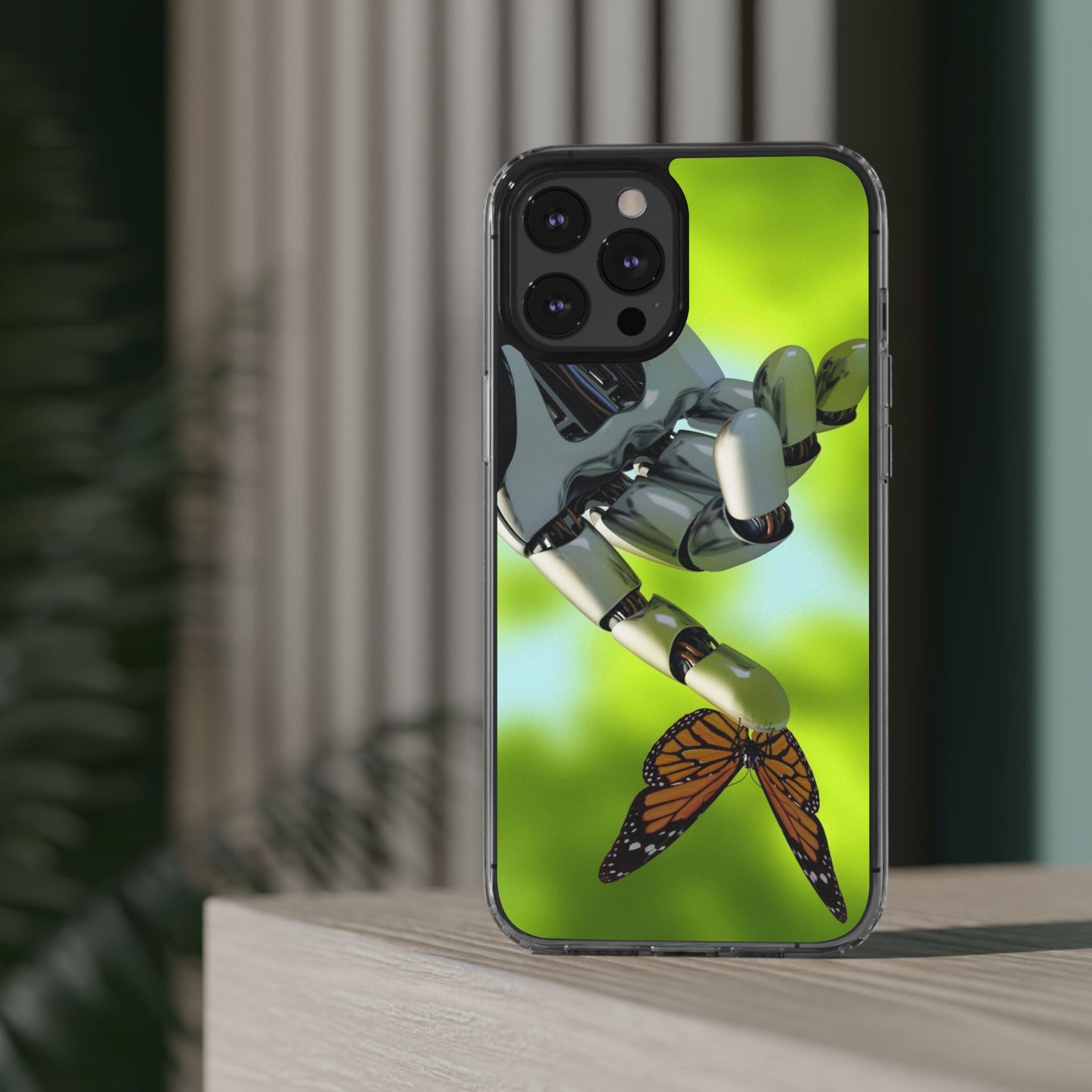 Clear Cases for iPhone 14 Series with Robotic hand and Butterfly.