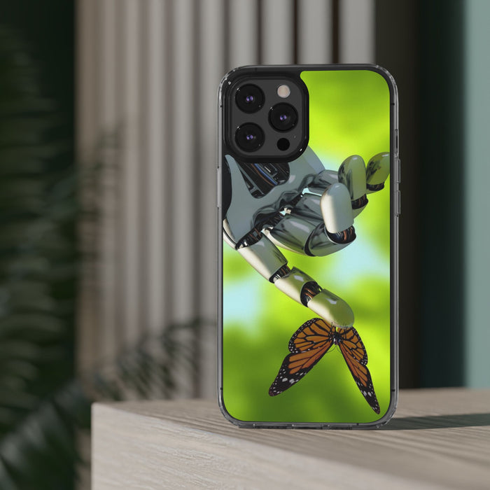 Clear Cases for iPhone 14 Series with Robotic hand and Butterfly.