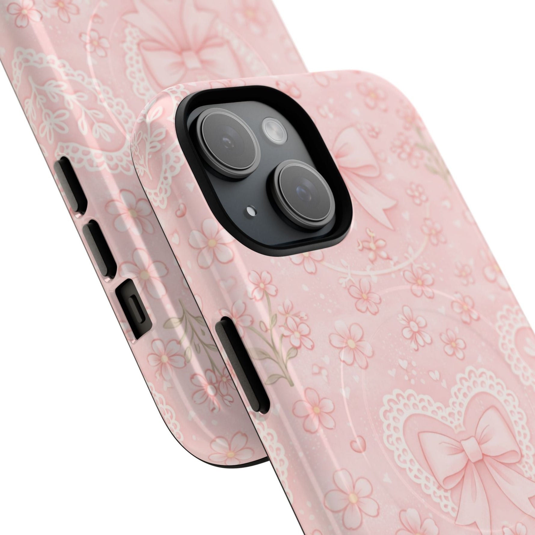 Balletcore Pink Floral Lace iPhone Case with Bow | Works with MagSafe - iPhone 17 Pro Max / Glossy - Shamo's