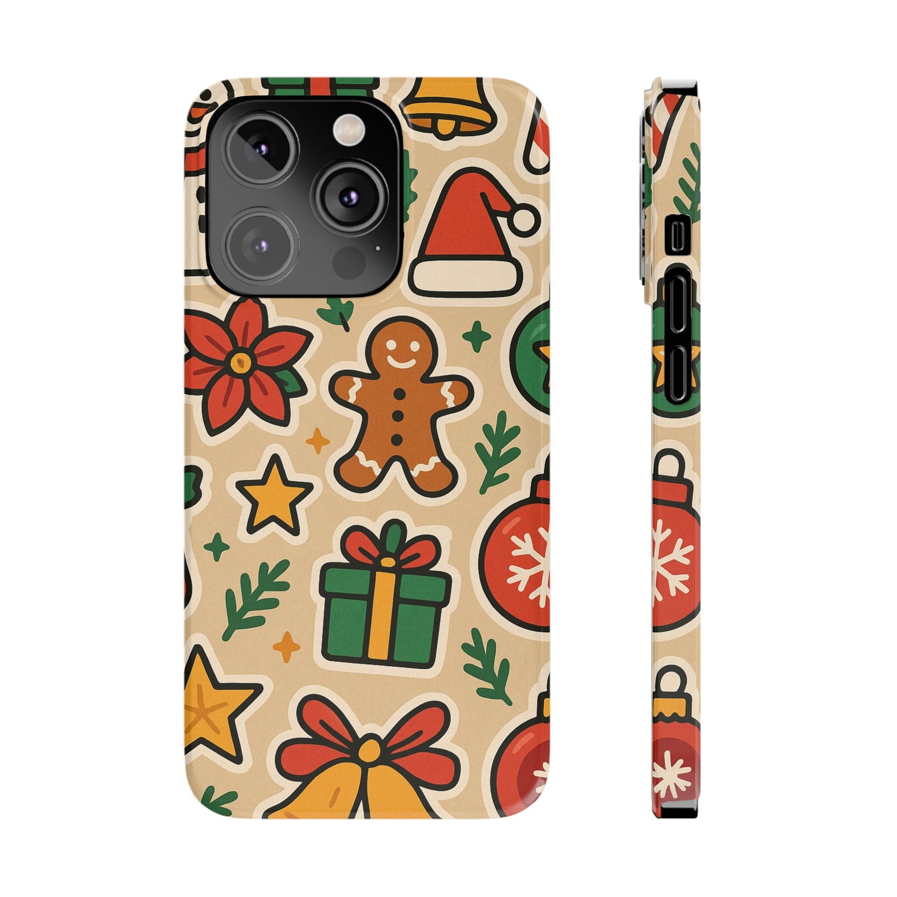 Holiday Pattern Slim iPhone Case — Gingerbread, Santa Hat & Gifts Holiday Design  Shamo's iPhone 14 Pro