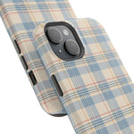 Ranch Check – Blue and Cream Plaid MagSafe Phone Case, glossy diagonal dual-camera model, camera and side-button close-up