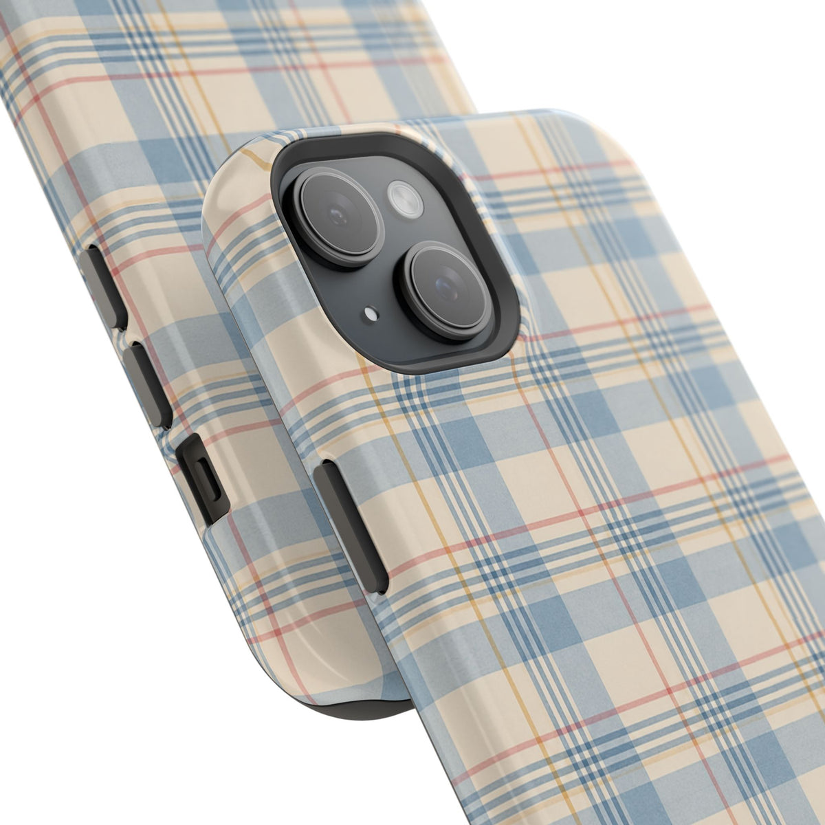 Ranch Check – Blue and Cream Plaid MagSafe Phone Case, glossy diagonal dual-camera model, camera and side-button close-up