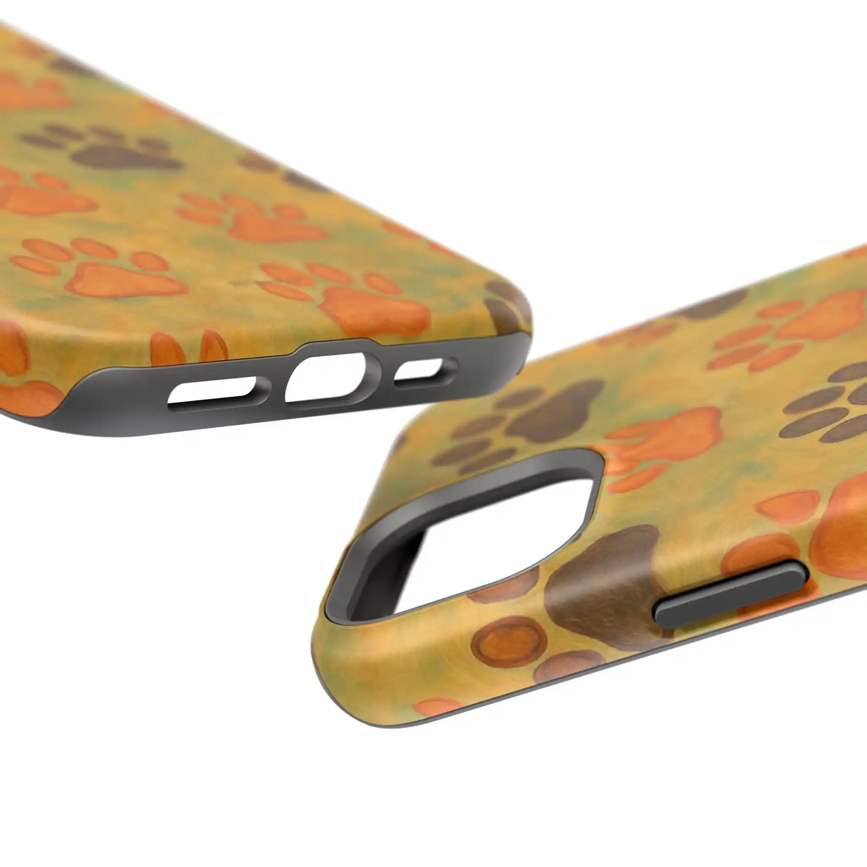 Two phone cases with orange and brown paw print design in different sizes, showing camera and port cutouts