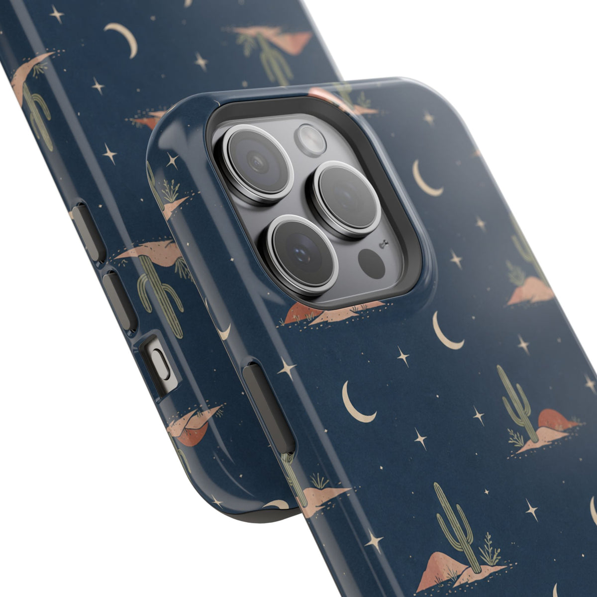 Desert Moon MagSafe Phone Case, glossy square triple-camera Pro model, camera and side-button close-up