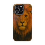 iPhone 14 Pro Max case featuring detailed lion face artwork in warm orange and brown tones