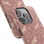 Rose Ponies MagSafe Phone Case, glossy square triple-camera Pro model, camera and side-button close-up