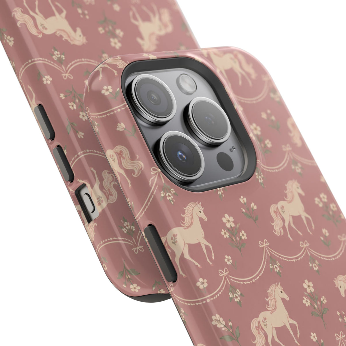 Rose Ponies MagSafe Phone Case, glossy square triple-camera Pro model, camera and side-button close-up