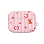 Pink Teddy Hearts AirPod Case, Cute Striped Protective Cover