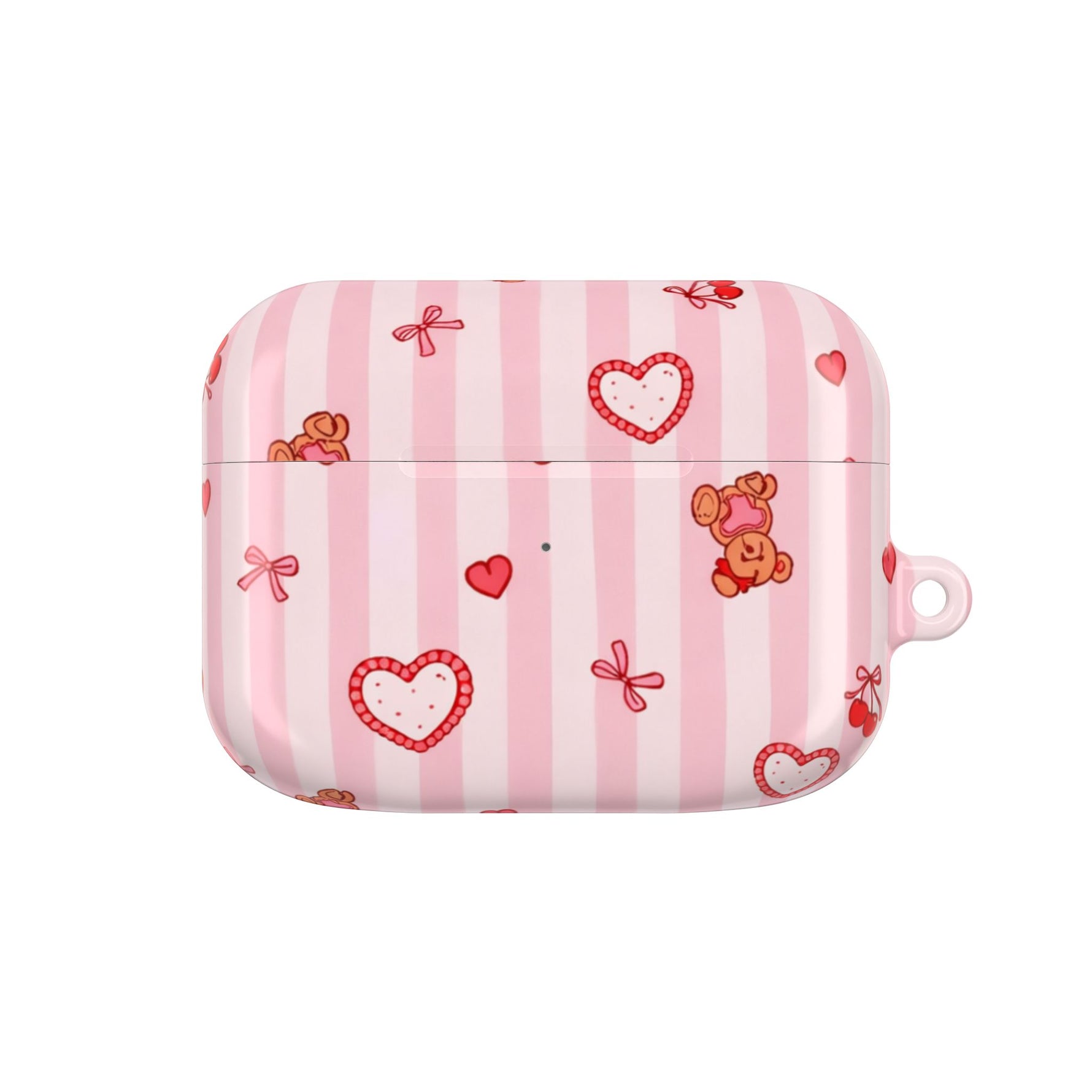 Pink Teddy Hearts AirPod Case, Cute Striped Protective Cover
