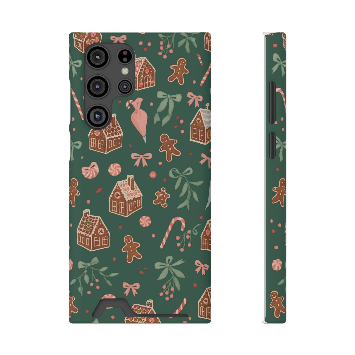 Holiday Gingerbread Phone Case with Card Holder — Festive Green Candy Cane Design