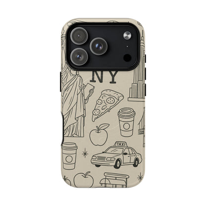 NY City Icons Tough iPhone Case — Statue of Liberty, Pizza & Taxi Pattern | Compatible with MagSafe