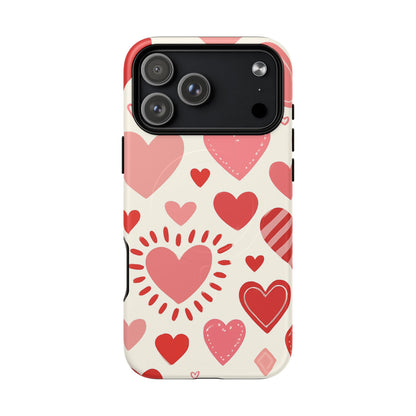 Heart Pattern Tough iPhone Case — Cute Red & Pink Hearts Protective Cover (MagSafe compatible)