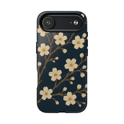 Navy Cherry Blossom Floral iPhone Case - Compatible with MagSafe