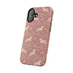 Rose Ponies MagSafe Phone Case, glossy vertical dual-camera model, angled rear view