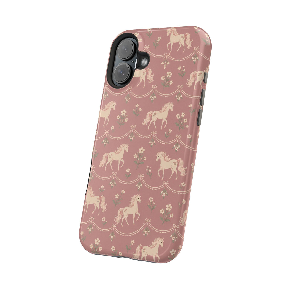 Rose Ponies MagSafe Phone Case, glossy vertical dual-camera model, angled rear view