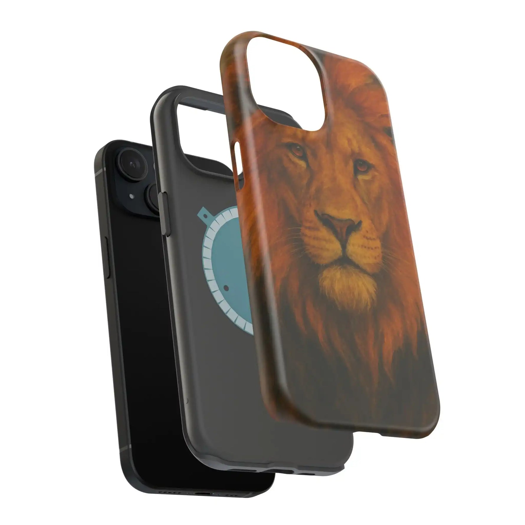 Three phone cases with different sizes for iPhone, featuring black shell, blue logo, and lion face design