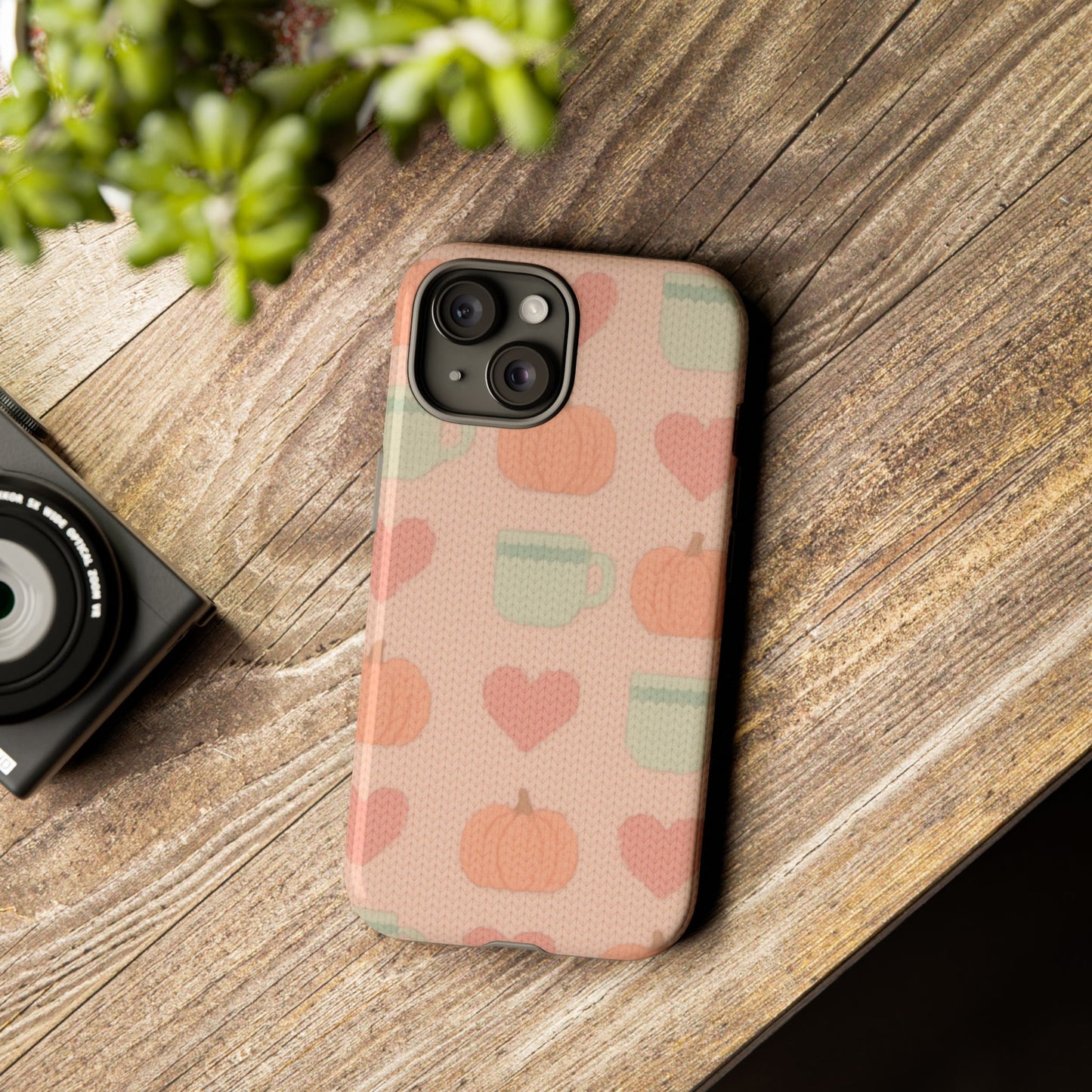Autumn Cozy iPhone Case – Pumpkin, Heart & Coffee Cup Pattern