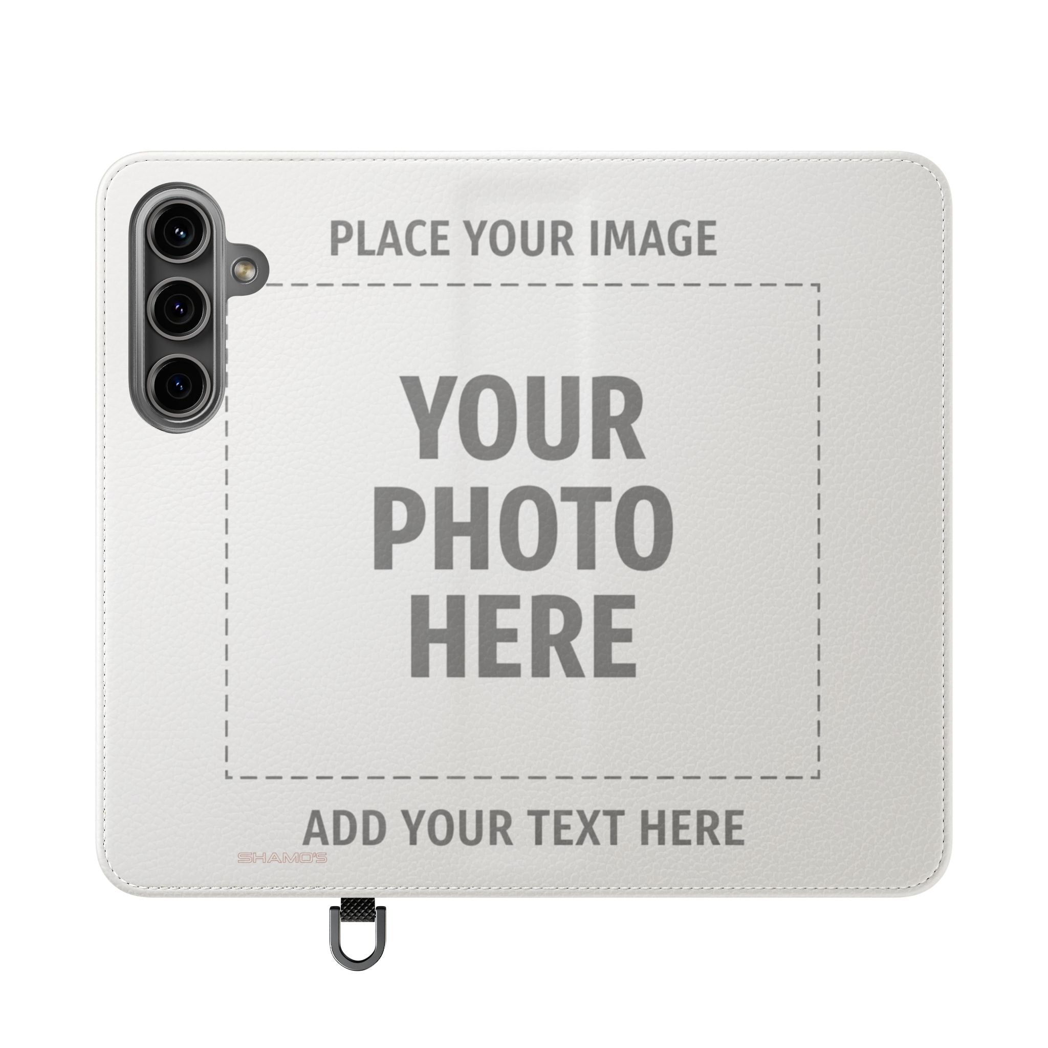Outside of an open customizable wallet phone case with Your Photo Here and Add Your Text Here placeholders