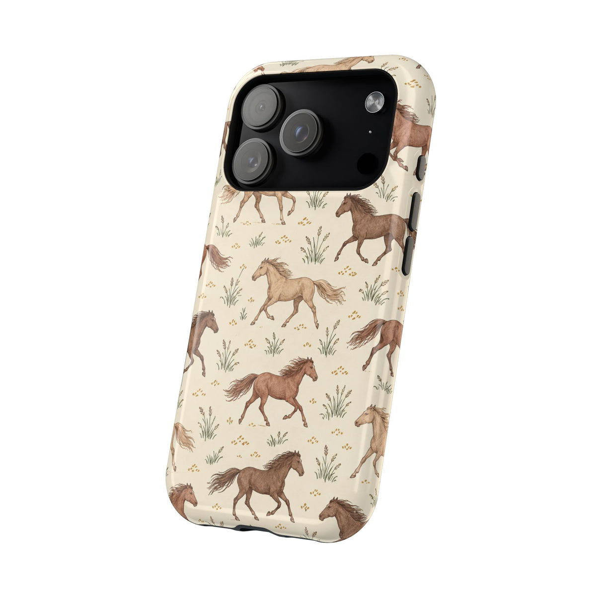 Wild Mustangs – Western Horse Pattern MagSafe Phone Case, glossy compact wide-camera Pro model, angled rear view