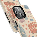London Icons Hand-Drawn iPhone Case — Cute Double-Decker Bus & Big Ben Pattern with MagSafe compatibility  Shamo's