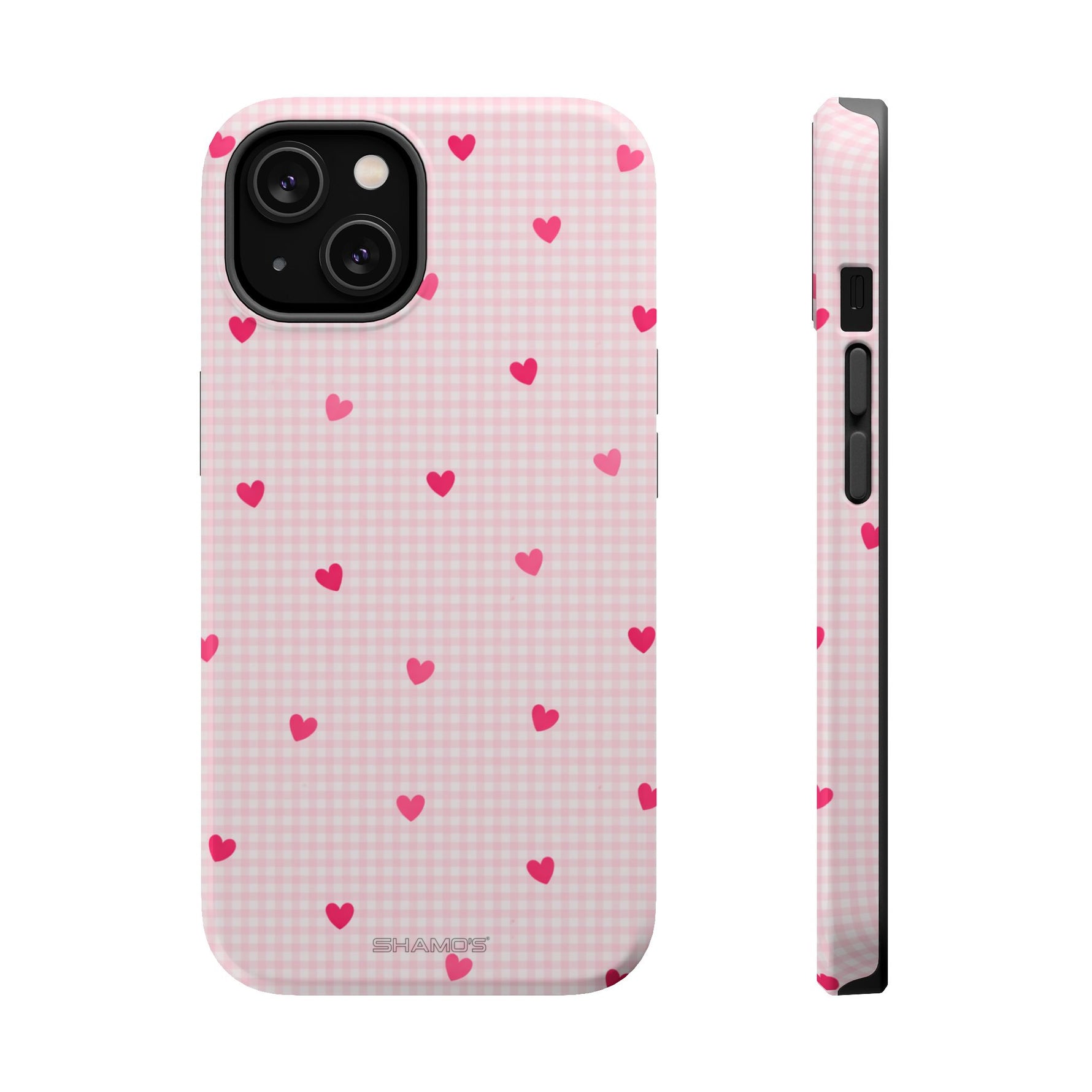 Pink Heart Gingham MagSafe iPhone Case, Impact‑Resistant, Magnetic Protection